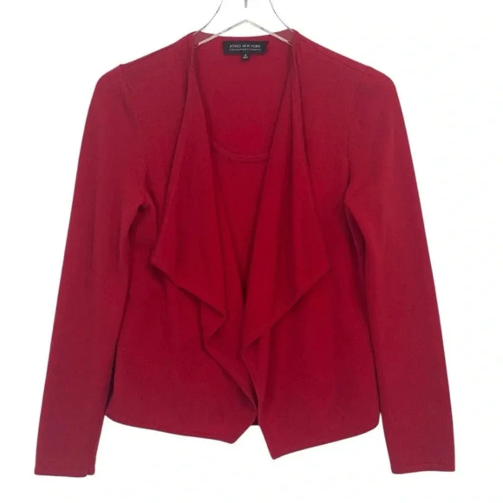 Jones‎ New York Womens M 100% Cashmere Open Front Cardigan Red Workwear Soft